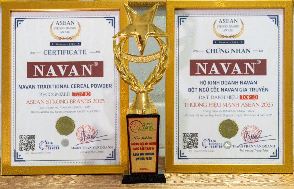 Giải thưởng NAVAN - ASEAN Strong Brands 2025 thương hiệu mạnh châu Á với chứng nhận và cúp vàng