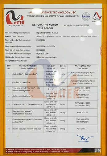 Giấy Kết Quả Kiểm Nghiệm An Toàn AVATEK - NAVAN