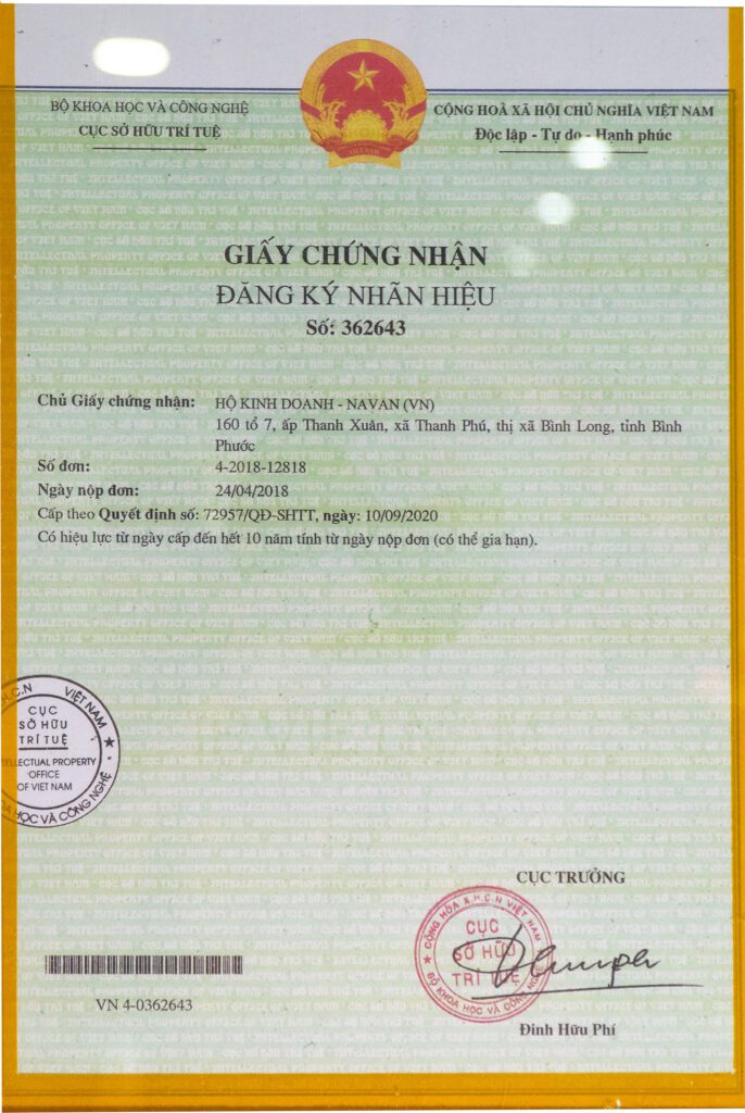 Giấy chứng nhận đăng ký nhãn hiệu NAVAN số 362643 do Cục Sở hữu Trí tuệ Việt Nam cấp