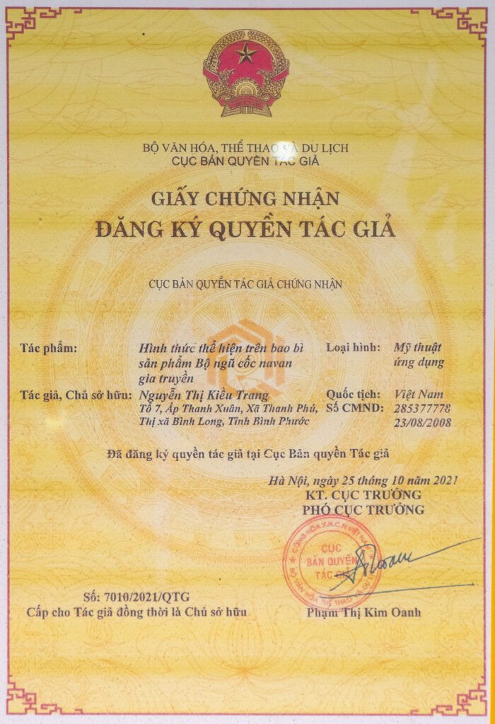 Giấy chứng nhận đăng ký quyền tác giả thiết kế bao bì sản phẩm bột ngũ cốc NAVAN gia truyền