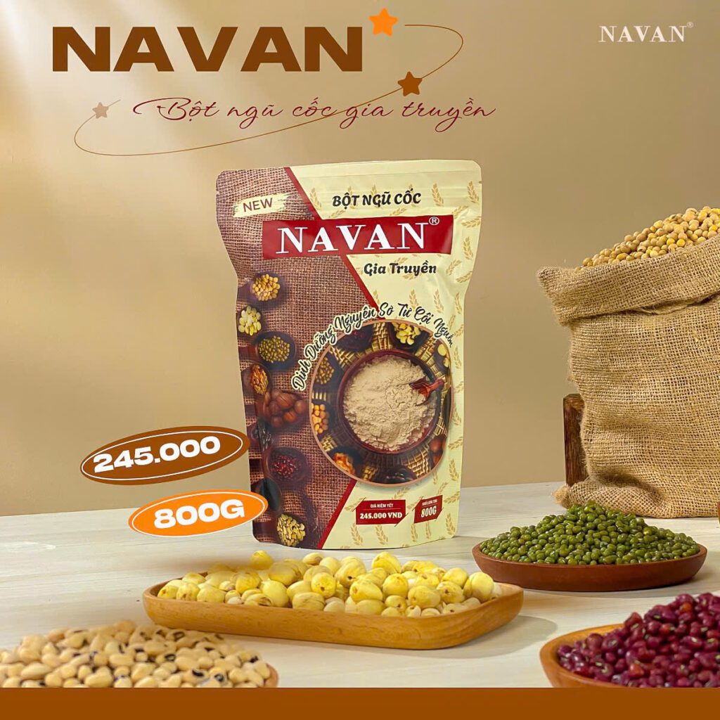 Bột ngũ cốc NAVAN 9 loại hạt 800g giá 245k với 9 loại hạt dinh dưỡng: đậu nành, đậu xanh, đậu đỏ, đậu đen, đậu trắng, hạt sen, mè đen, óc chó, macca.